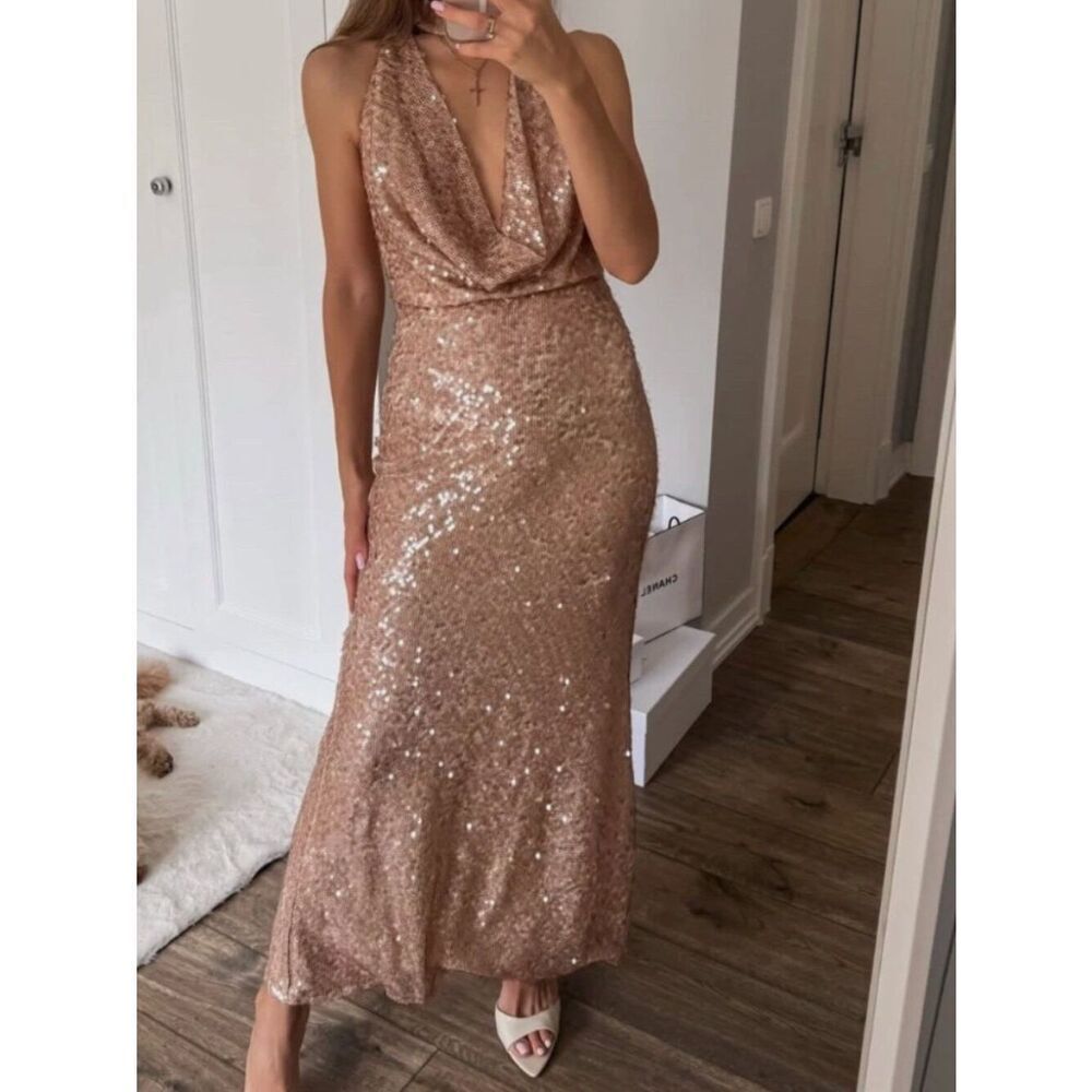 Zara Womens Sequin Midi Dress Size XS Beige Pink Halter Neckline 3235/865 NWT